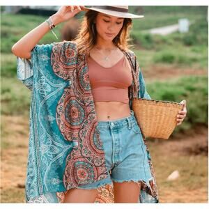 lotus and luna Women's Orange & Teal Floral The Canggu Kimono One Size